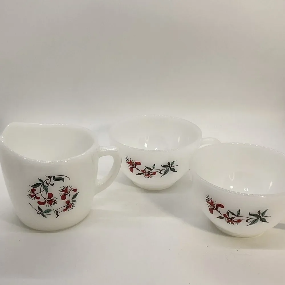 Vintage Fire King Milk Glass Honeysuckle Creamer and 2 Cups